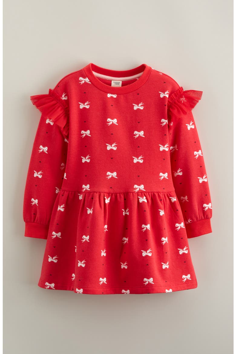 Kids' Ruffle Long Sleeve Stretch Cotton Blend Sweatshirt Dress, Main, color, RED LOLLIPOP POP BOWS