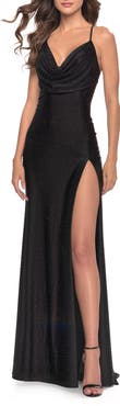 La Femme Drape Neckline Jeweled Jersey Prom Dress with High Slit