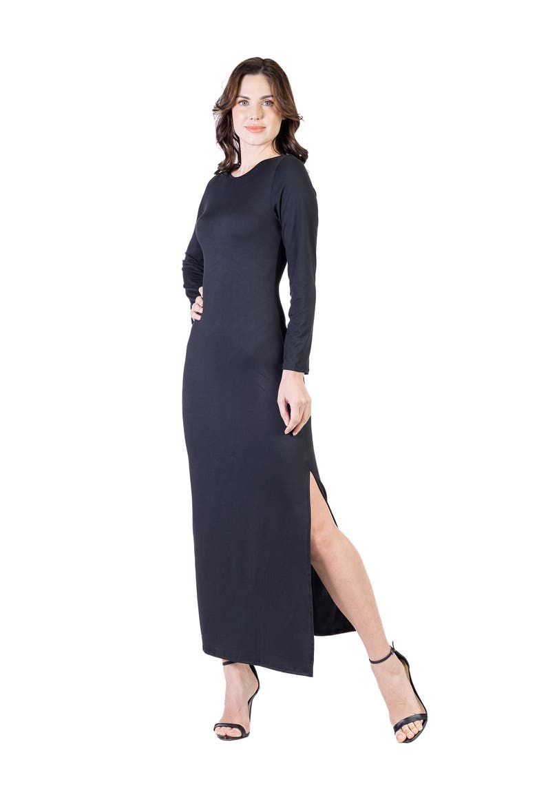 Petite Long Sleeve Side Slit Fitted Maxi Dress, Alternate, color, Black
