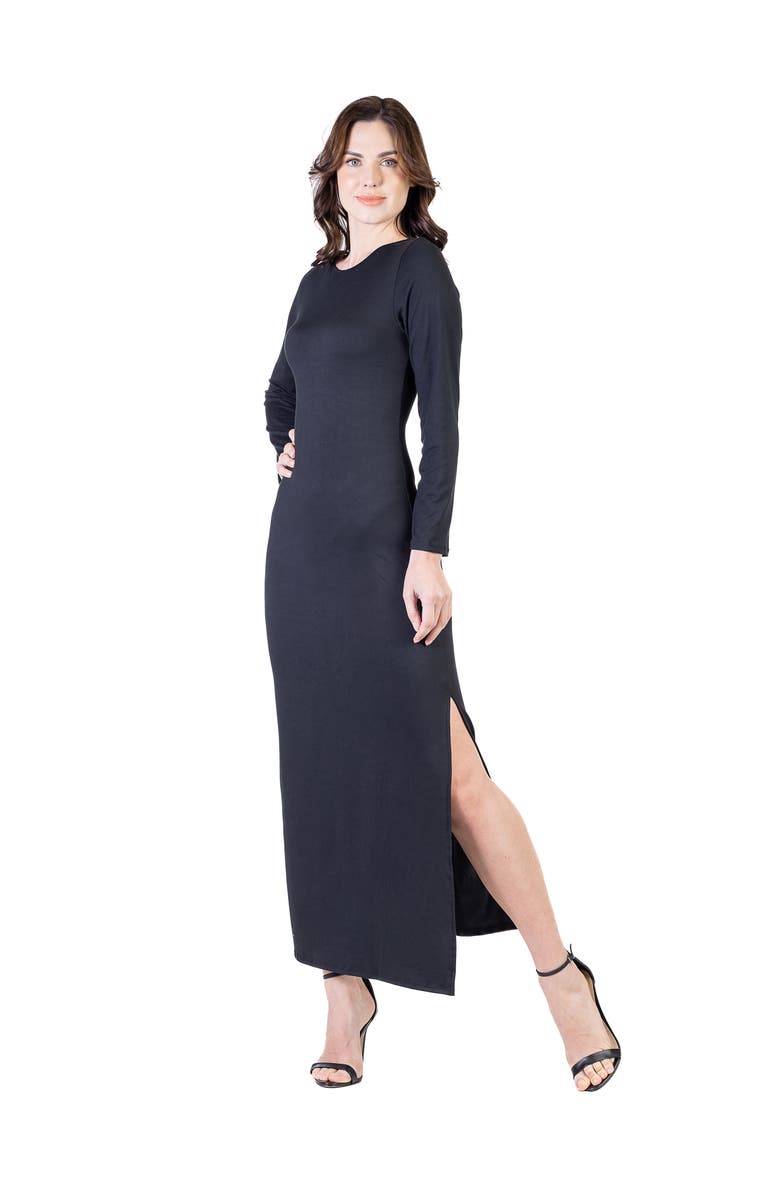 24seven Comfort Apparel Petite Long Sleeve Side Slit Fitted Maxi Dress, Alternate, color, Black