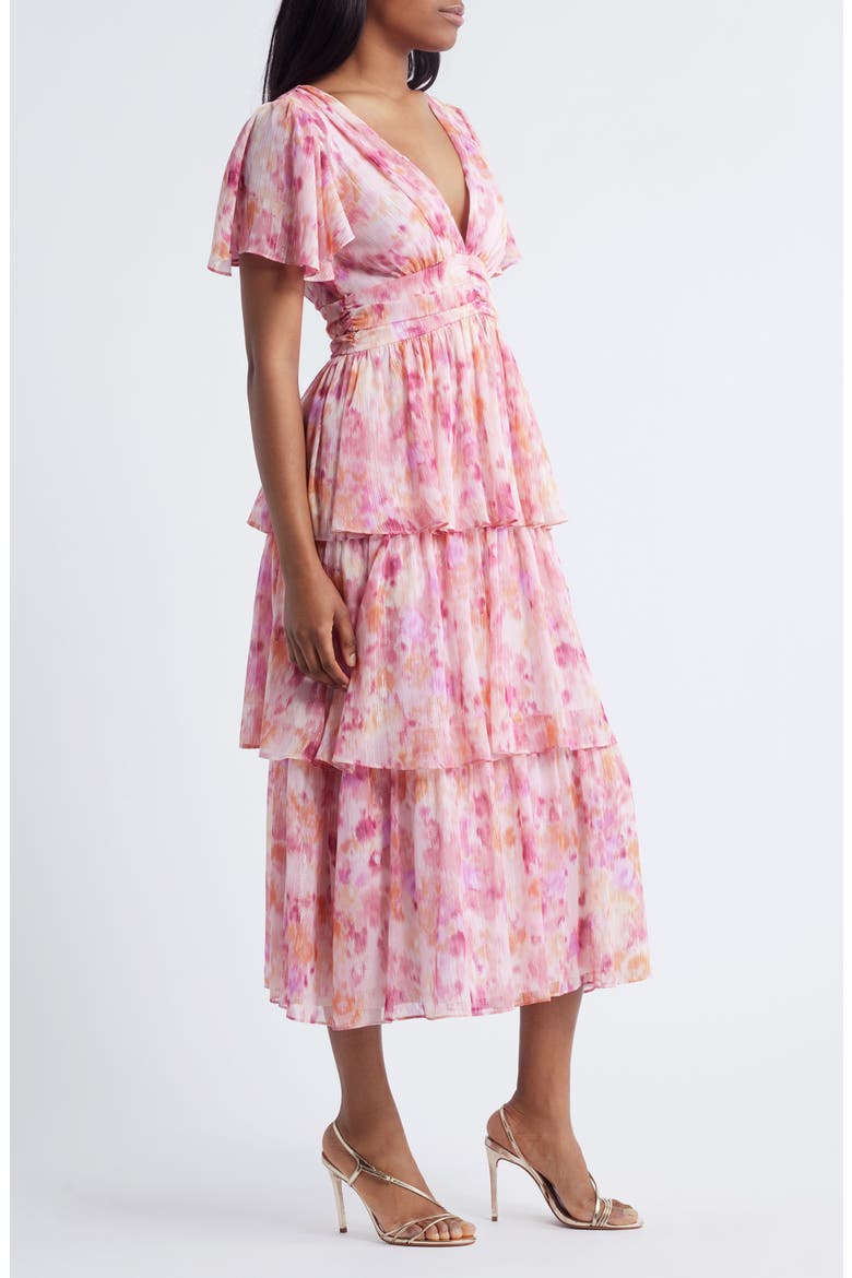 Eva Short Sleeve Tiered Chiffon Midi Dress, Alternate, color, FUCHSIA MULTI