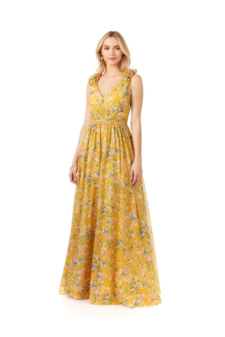 V-Neck Long Print Gown with Straps, Alternate, color, YellowPrint