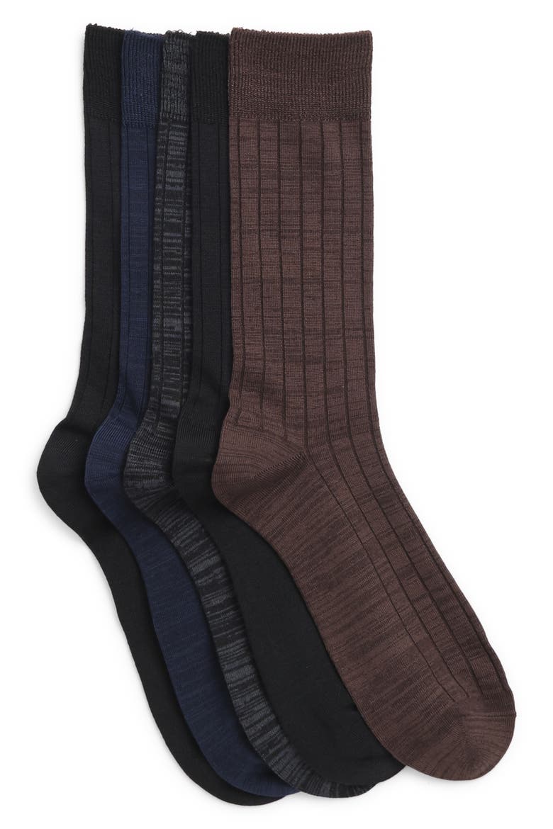 Ultrasoft 5-Pack Ribbed Dress Socks, Main, color, BLACK -BROWN MULTI