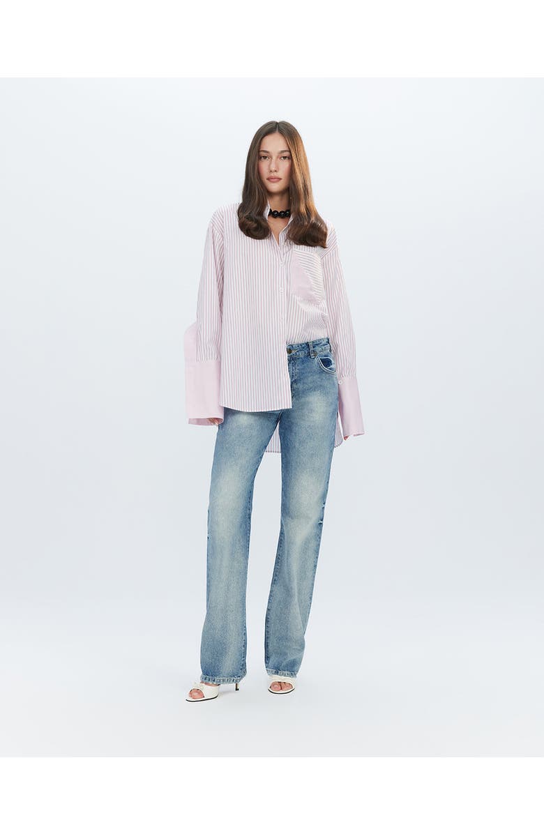 THEO The Label Echo Side Button Boyfriend Stripe Shirt, Alternate, color, Lantana