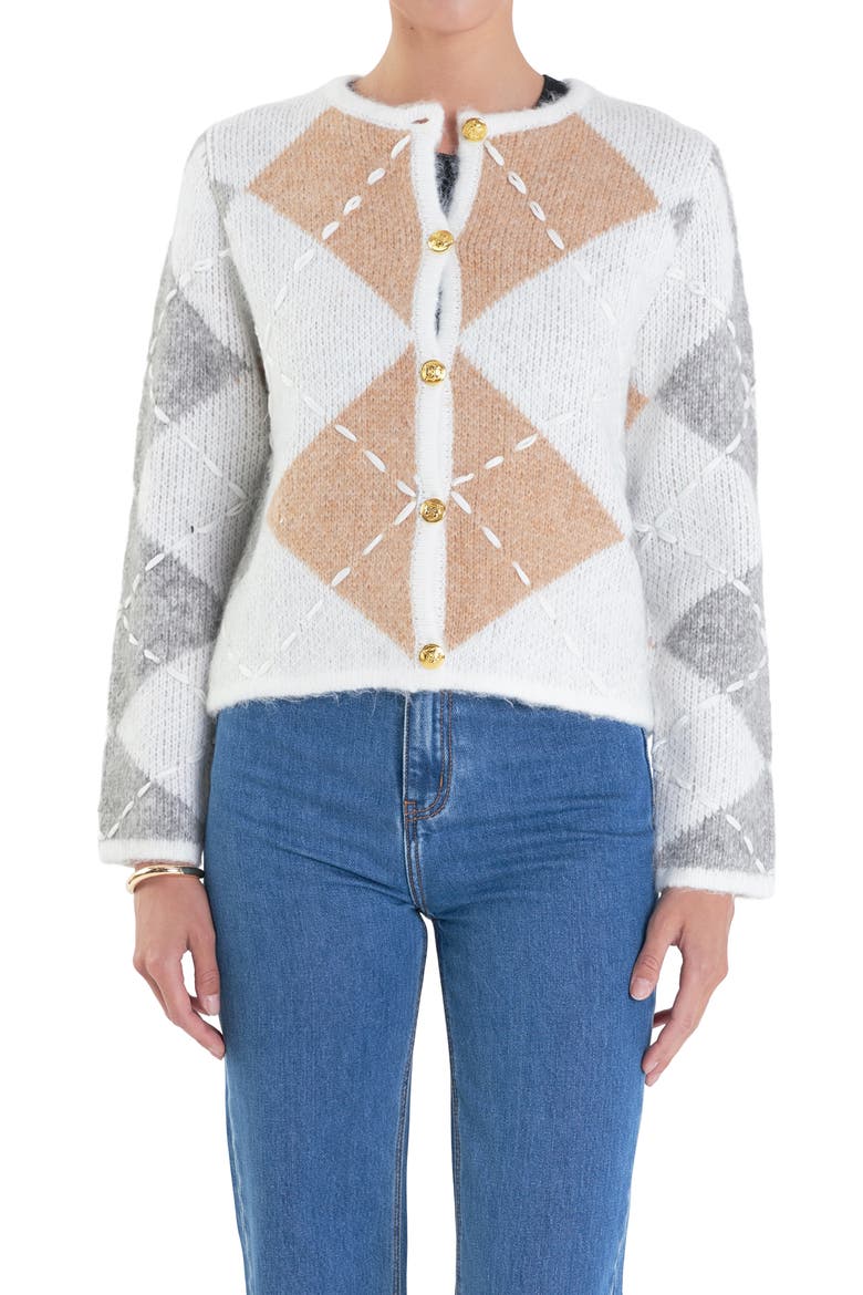 Argyle Crop Cardigan, Alternate, color, WHITE