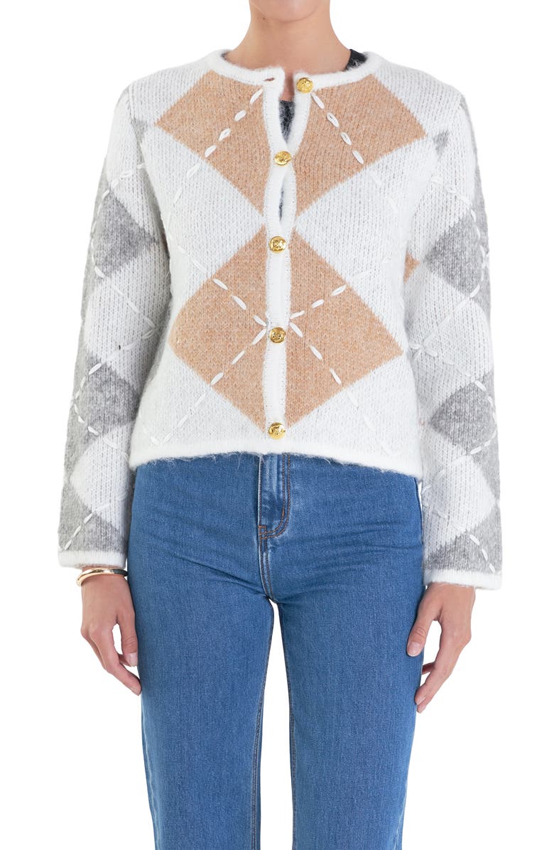English Factory Argyle Crop Cardigan, Alternate, color, White