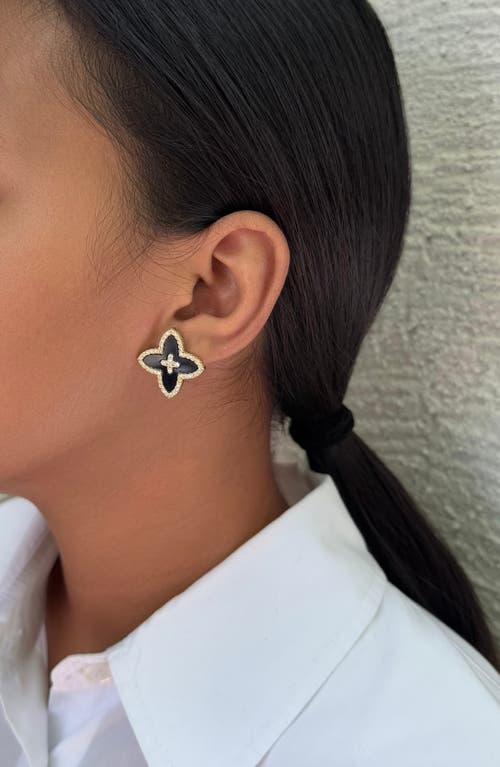 Adornia 14k Gold Plated Cz Black Statement Flower Stud In Black