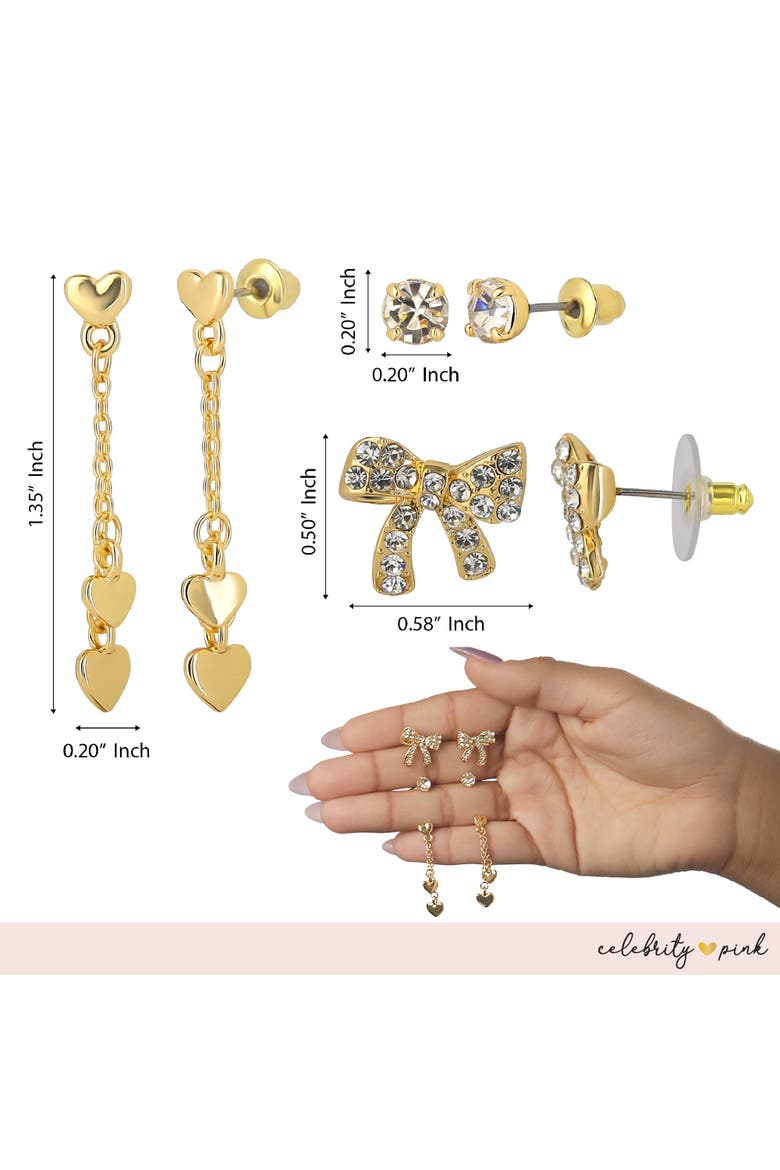 Gold-Tone Heart Stud Earrings and Dangle Earrings Pack of 6 | 6-Pack, Gold Studs and Drop Heart Earrings, Feminine Jewelry, Alternate, color, Gold-Tone