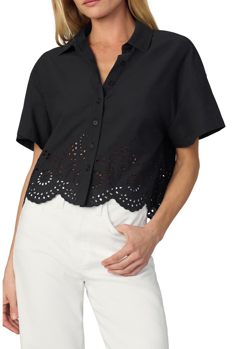 The Eyelet Short Sleeve Crop Shirt, Main, color, BLACK