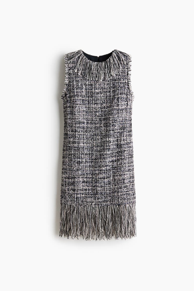 Fringed Bouclé-Weave Dress, Alternate, color, Black/white melange