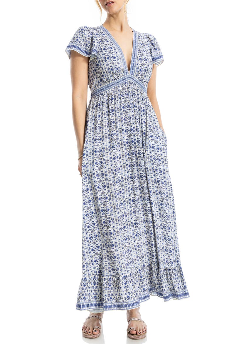 Empire Waist Flutter Sleeve Maxi Dress, Alternate, color, CREAM/ BLUE DEMASK REVERIE