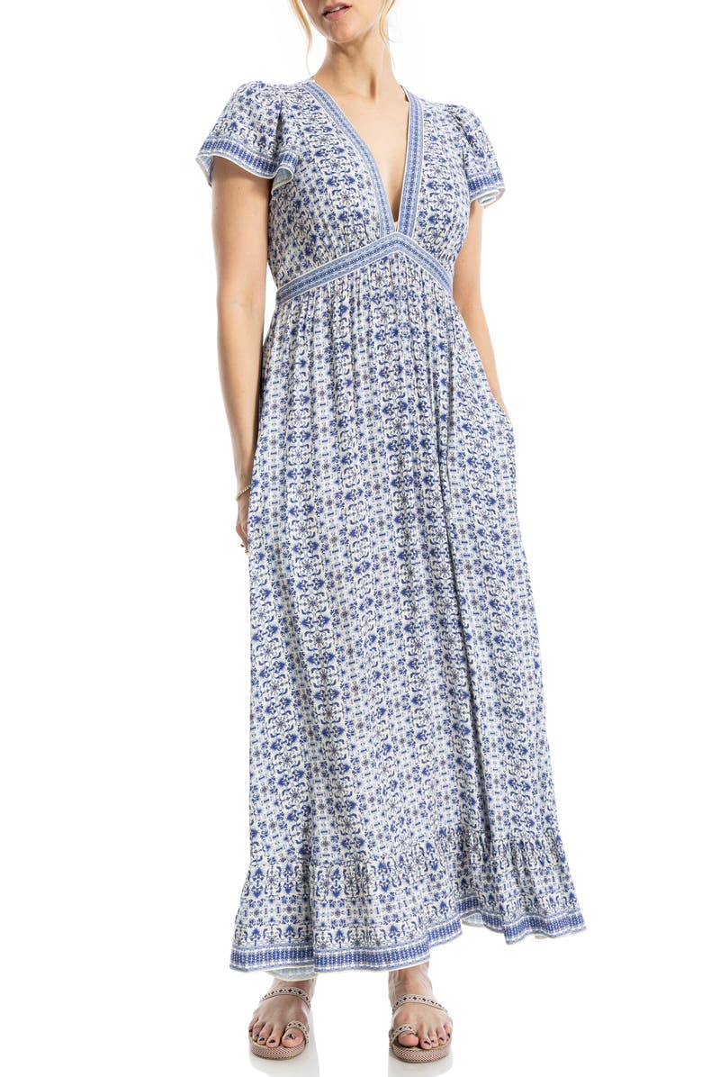 MAX STUDIO Empire Waist Flutter Sleeve Maxi Dress, Alternate, color, Cream/ Blue Demask Reverie