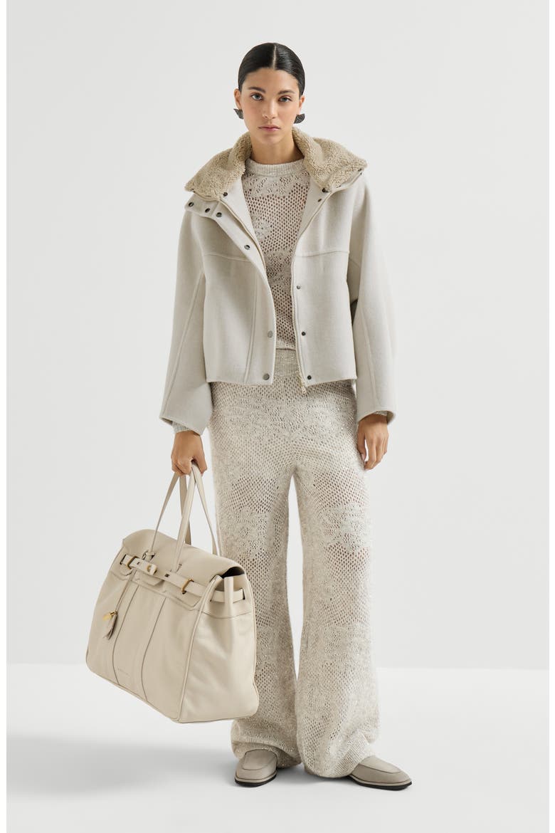 Hand-crafted outerwear jacket in virgin wool and cashmere double cloth with detachable shearling insert, Alternate, color, Ivory