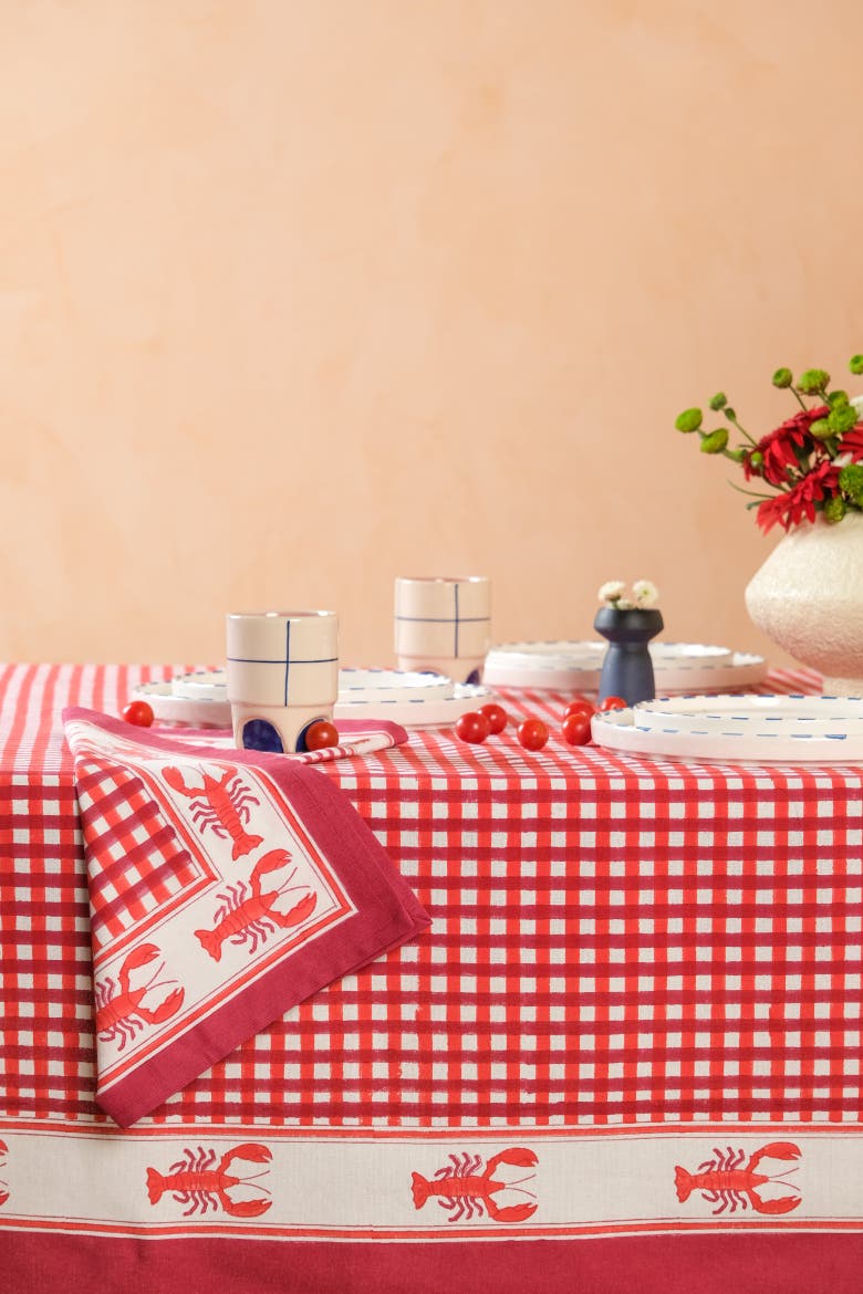 Lobster Red Gingham Blockprint Tablecloth, Alternate, color, 70x120
