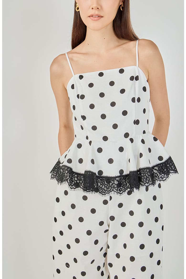 Polka Dot Peplum Jumpsuit, Alternate, color, WHITE/ BLACK