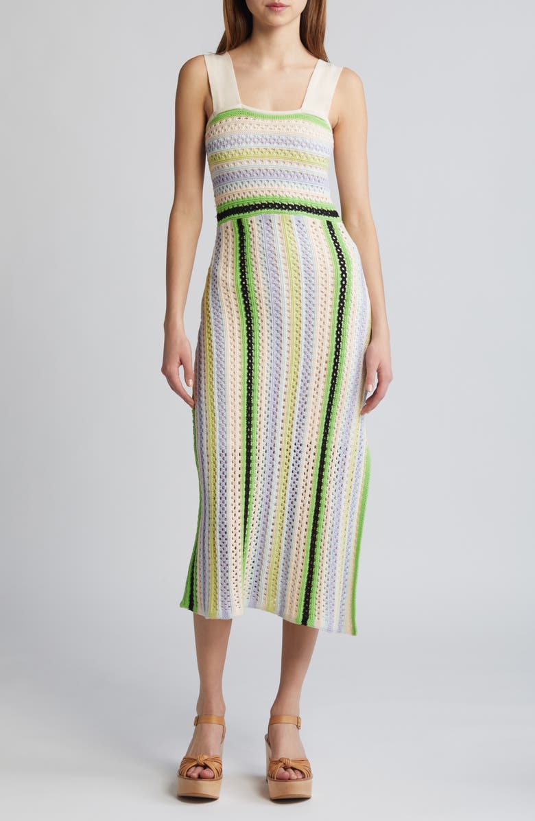 CIEBON Sahara Crochet Midi Sweater Dress, Main, color, Green Multi