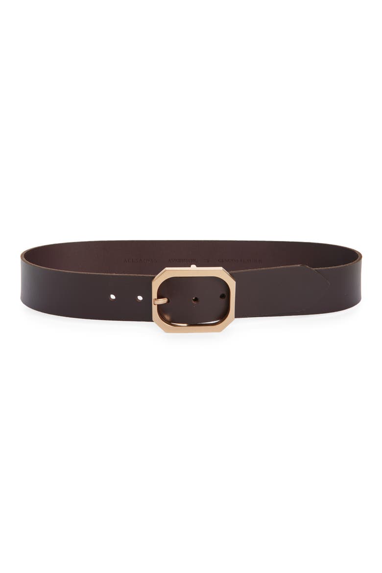 Hexagon Buckle Leather Belt, Main, color, DEEP BROWN / WARM BRASS