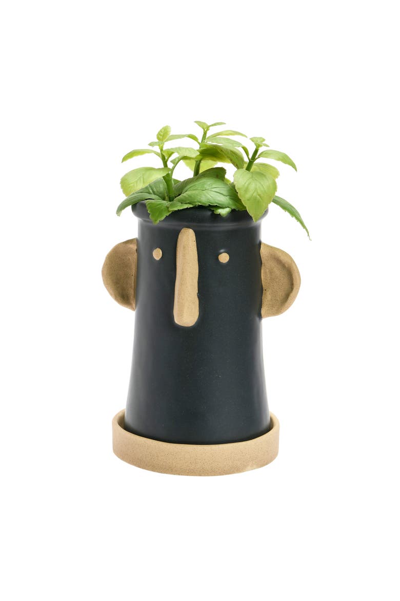 Stoneware Face Planter with Saucer, Matte Black and Cream, Alternate, color, Black
