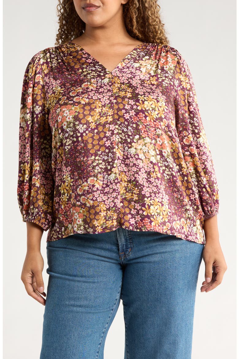 Floral V-Neck Long Sleeve Top, Main, color, PLUM