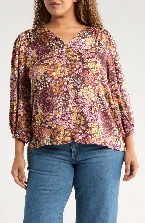 Floral V-Neck Long Sleeve Top (Plus)