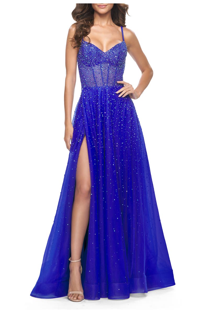 La Femme Rhinestone A-Line Tulle Prom Dress with Illusion Bodice, Main, color, Royal Blue