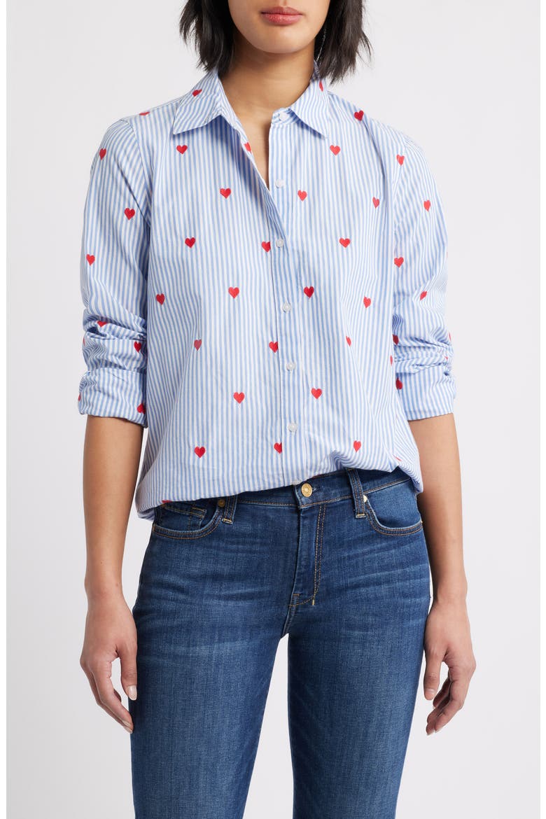 Embroidered Heart Button-Up Shirt, Main, color, BLUE SWEEP HEART STRIPE