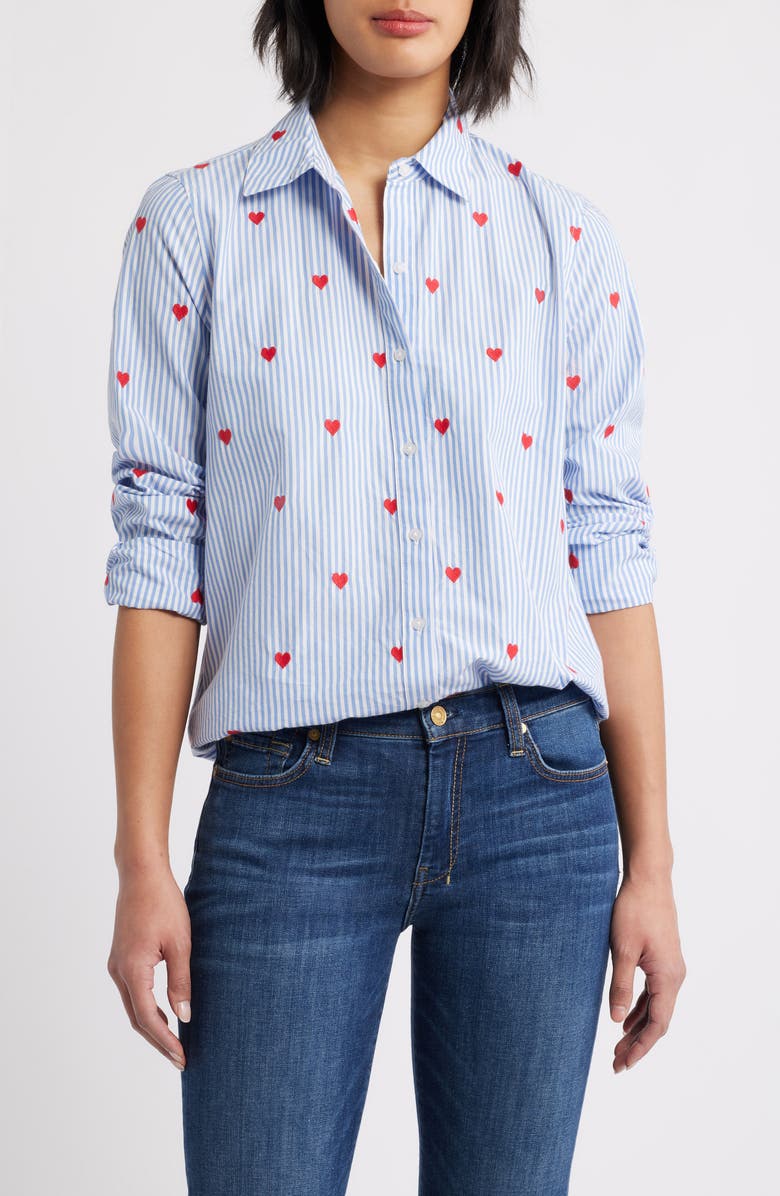 Caslon<sup>®</sup> Embroidered Heart Button-Up Shirt, Main, color, Blue Sweep Heart Stripe