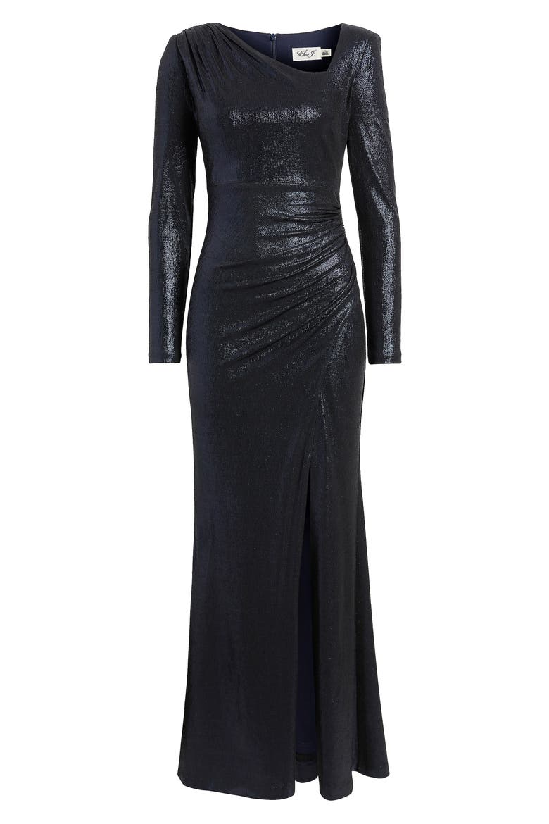 Ruched Asymmetric Neck Long Sleeve Maxi Dress, Alternate, color, NAVY