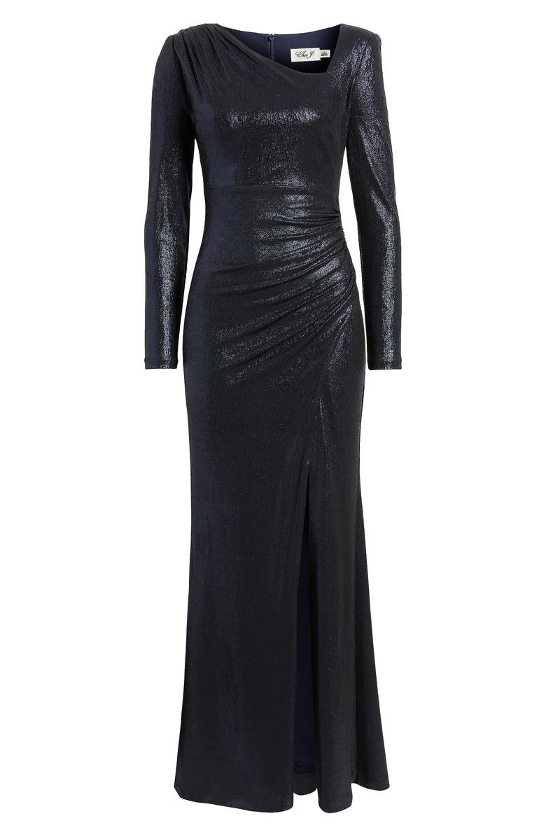 Eliza J Ruched Asymmetric Neck Long Sleeve Maxi Dress, Alternate, color, Navy