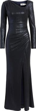 Eliza J Ruched Asymmetric Neck Long Sleeve Maxi Dress