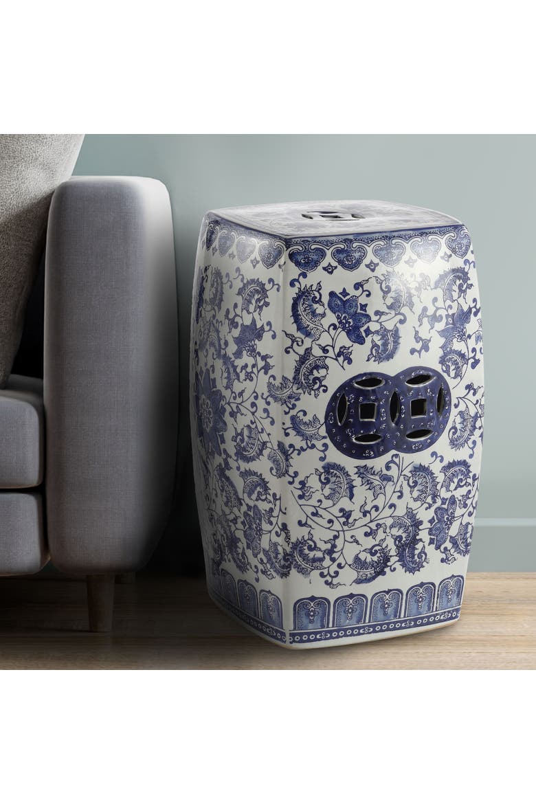 Floral Vine Traditional Floral Chinoiserie Ceramic Drum Garden Stool, Pierced Indoor/Outdoor Patio Seat & Side Table, Alternate, color, Blue/White