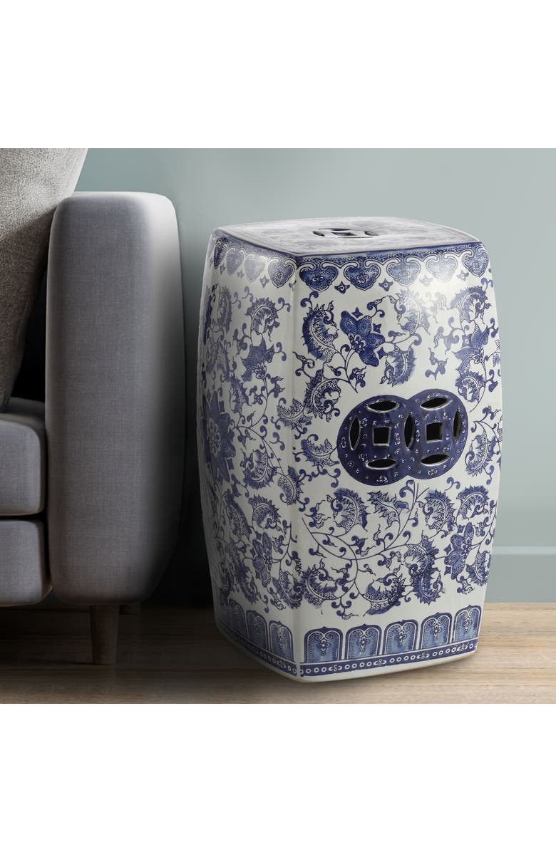JONATHAN Y Floral Vine 18.5" Chinoiserie Ceramice Square Garden Stool, Alternate, color, Blue/White