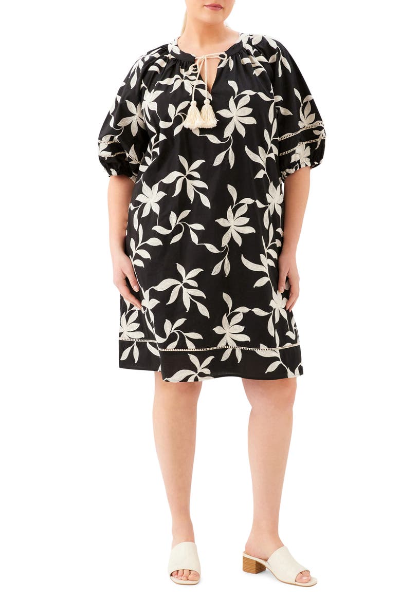 Floral Embroidered Puff Sleeve Cotton Shift Dress, Main, color, BLACK