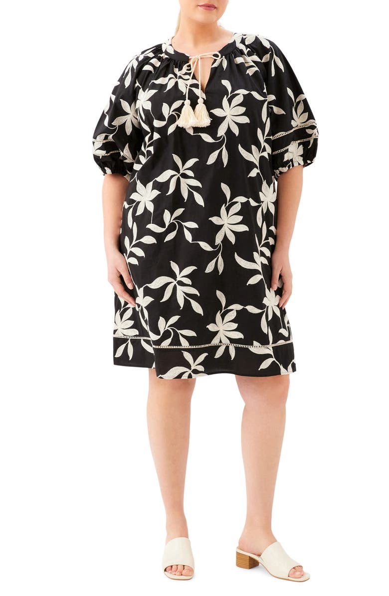 Karen Kane Floral Embroidered Puff Sleeve Cotton Shift Dress, Main, color, Black