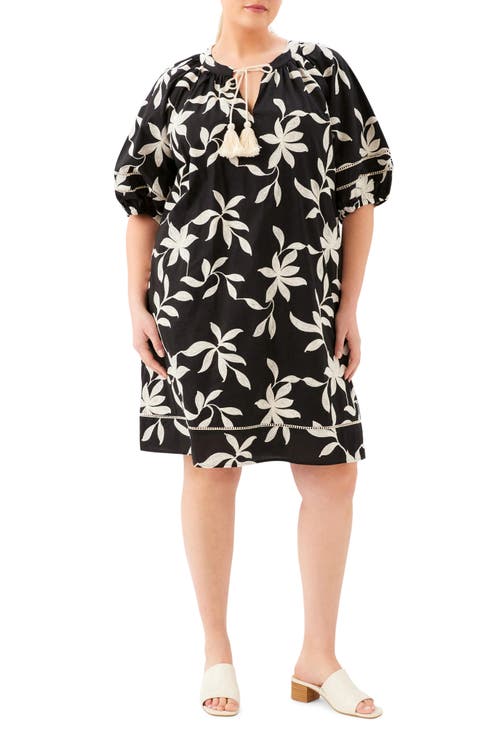 Floral Embroidered Puff Sleeve Cotton Shift Dress (Plus)