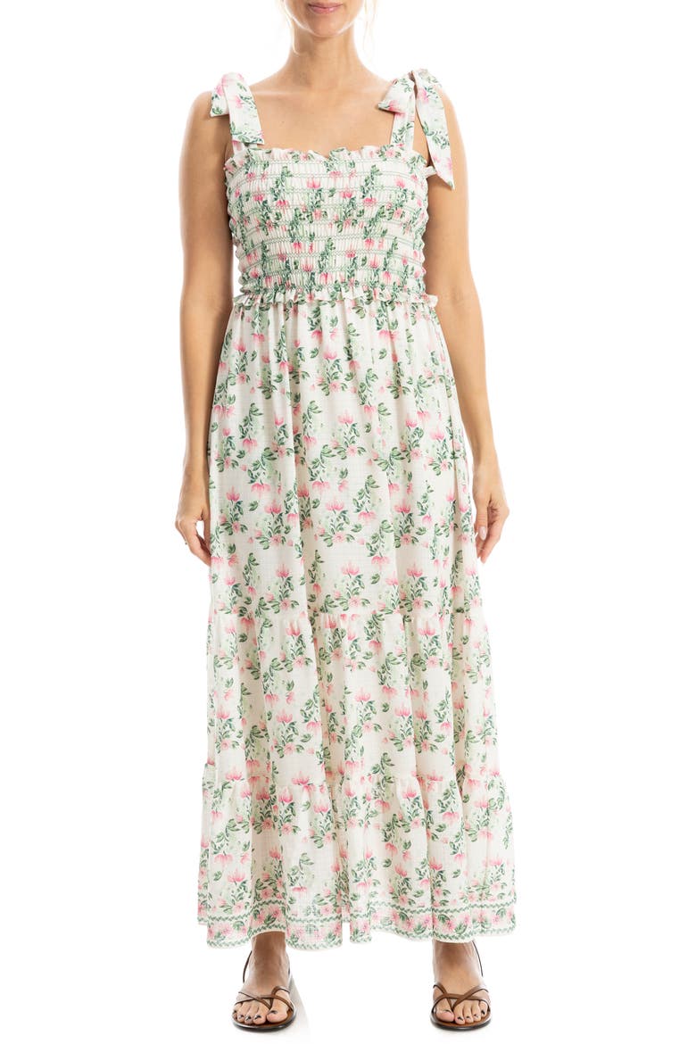 Print Tie Strap Maxi Dress, Main, color, ECRU/ PINK MED SUMMER BLOOMS
