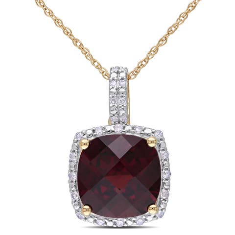 Gemstone & Diamond Cushion Halo Necklace 10K
