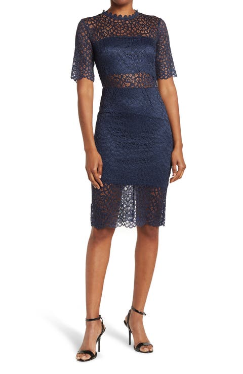 Lace Sheer Panel Knee Length Dress