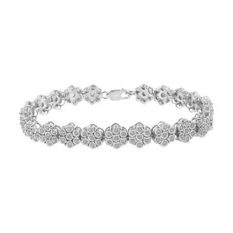 Silver 2.0 cttw Diamond 7 Stone Floral Cluster Link Bracelet