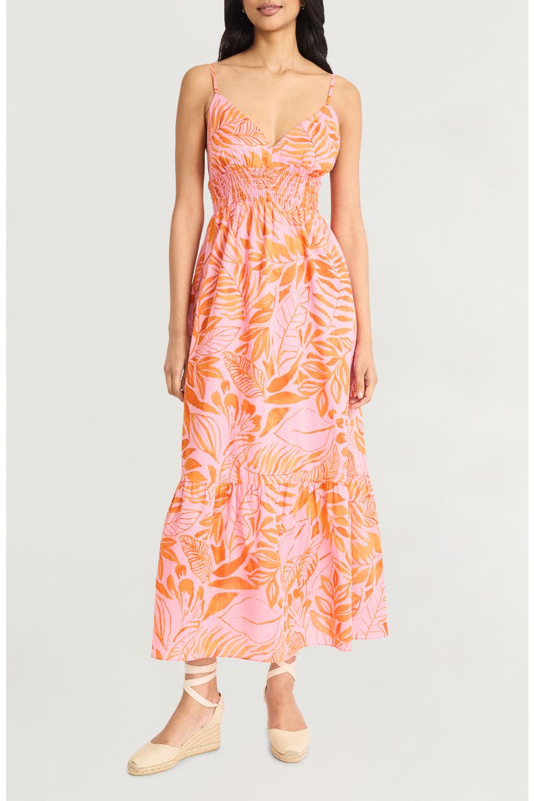 Tropical Print Tiered Cotton Sundress, Main, color, PINK/ ORANGE