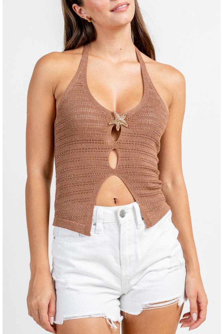 Pointelle Halter Metallic Sweater Top, Alternate, color, TOFFEE