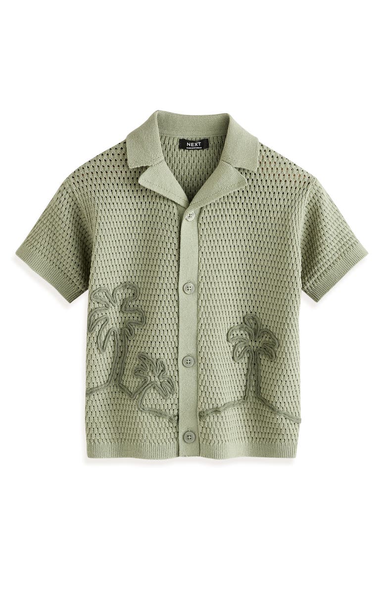 NEXT Kids' Palm Tree Embroidered Open Stitch Cotton Polo Sweater, Main, color, Green