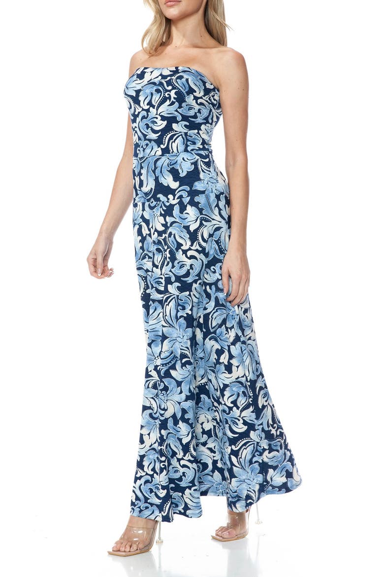 Printed Strapless Maxi Dress, Alternate, color, BLUE MULTI