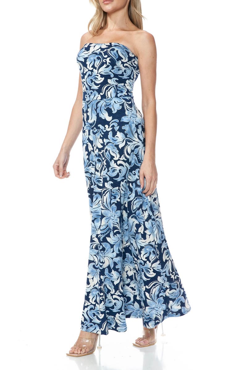 O.L. Printed Strapless Maxi Dress, Alternate, color, Blue Multi