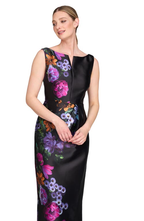 Kay Unger Helene Placed Floral Print Column Gown In Raven/boysenberry