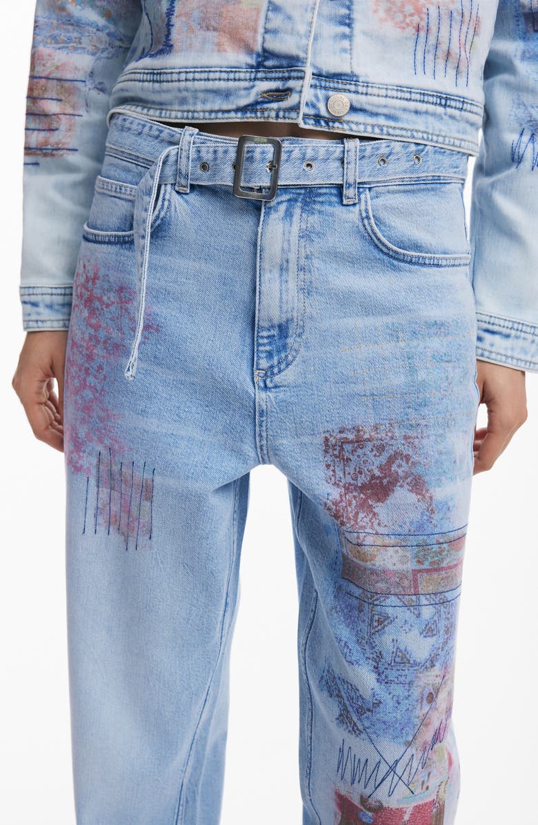 Desigual Graphic Detail Straight Leg Jeans, Alternate, color, Medium Blue