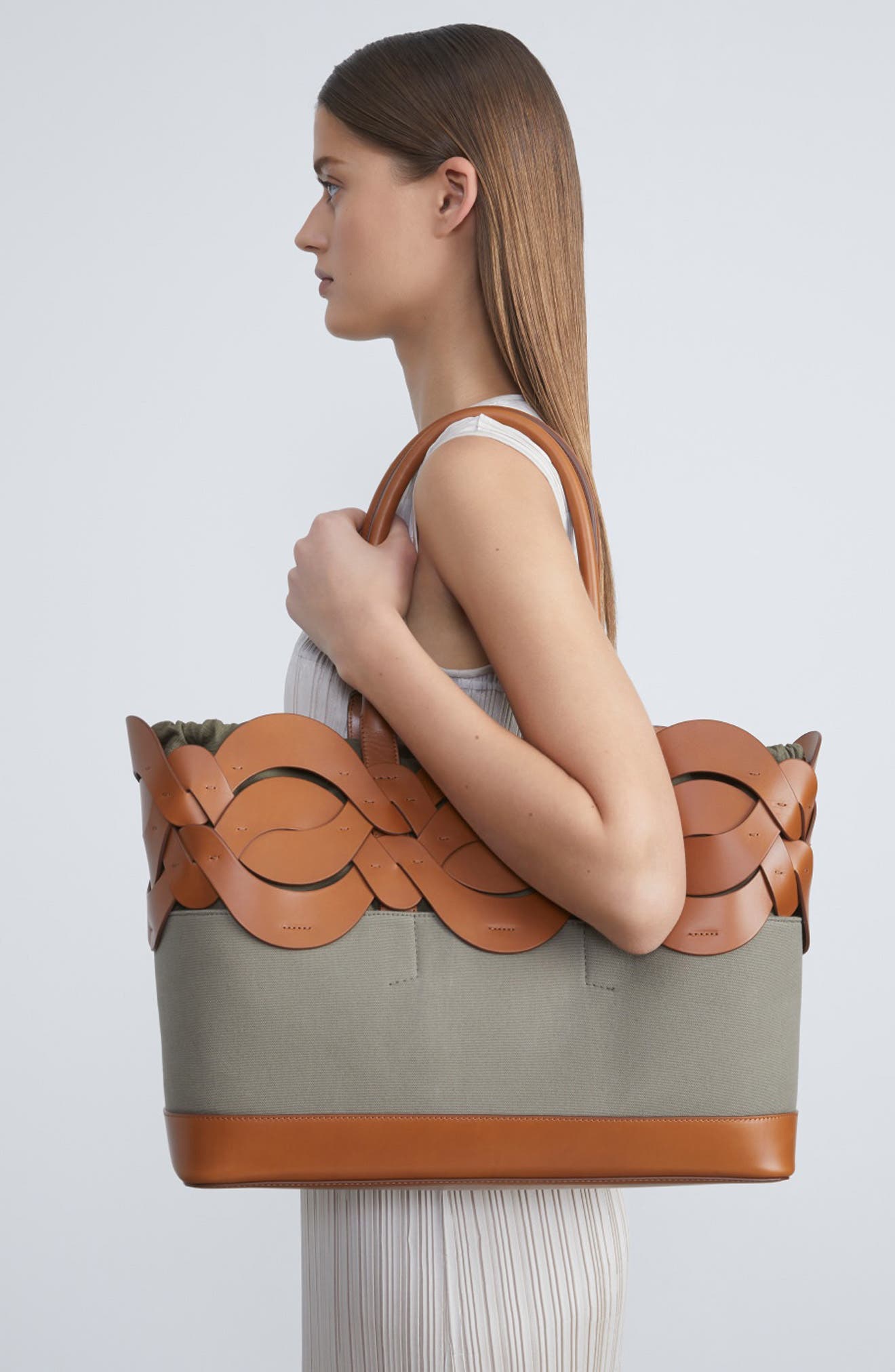 Lafayette 148 New York Large 8 Knot Canvas & Vachetta Leather Tote, Alternate, color, 