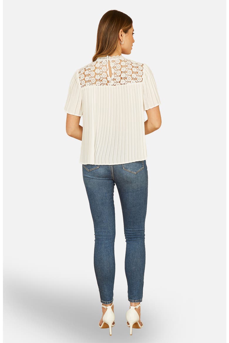 Lace Panel Pleated Short Sleeve Top, Alternate, color, White