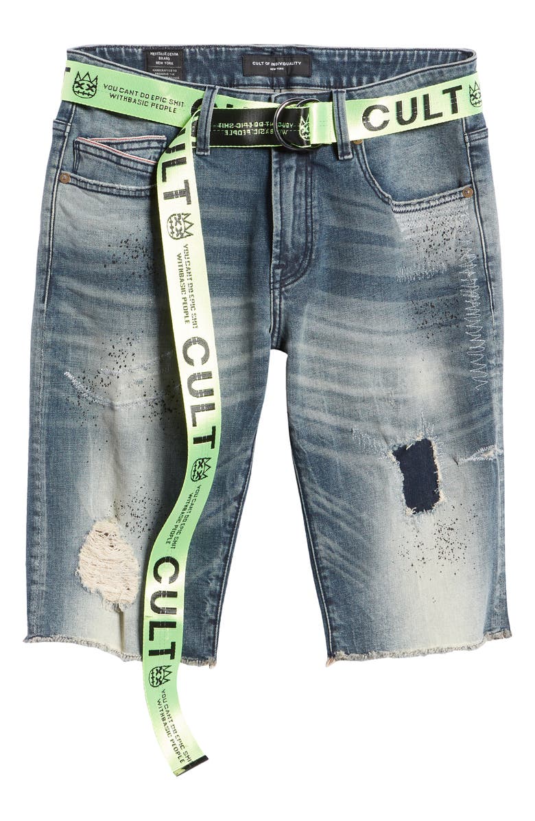 Cult of Individuality Belted Rocker Denim Shorts, Alternate, color, Moss