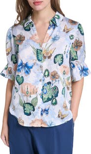 KARL LAGERFELD PARIS Short Sleeve Ruffle Cuff Shirt